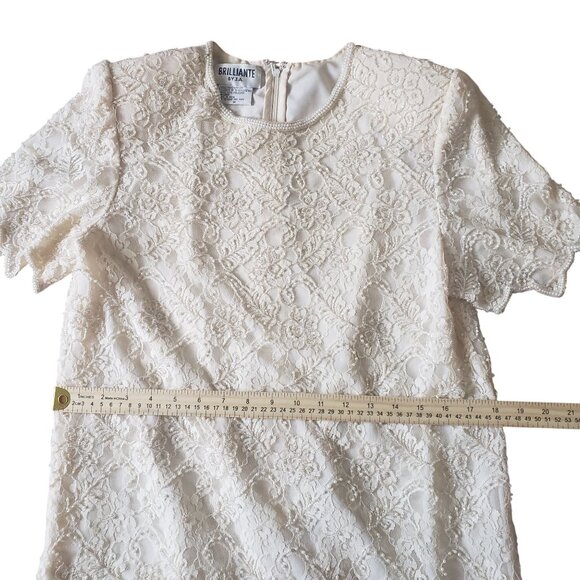 Vintage 80s Beaded Tiered White Cream Shift Dress Size M Wedding Elegant - Picture 12 of 13